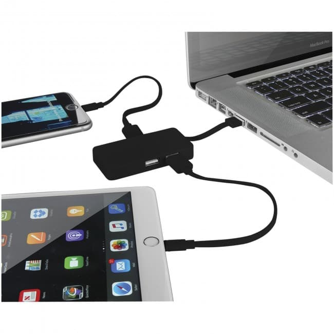 Custom Printed Grid 4-port USB hub with dual cables - Image 2