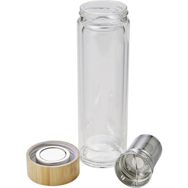 Custom Printed Glass & bamboo bottle with tea infuser 420ml - Image 3