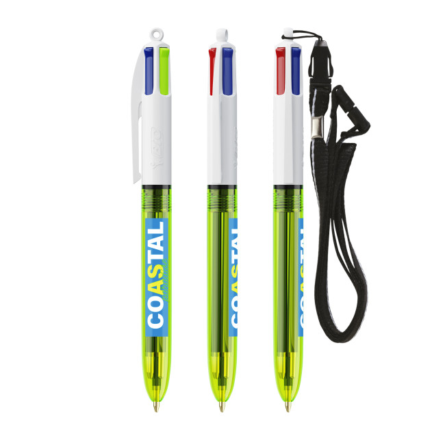 Custom Printed BIC 4 Colours Fluo Ballpen & lanyard Screen Printing