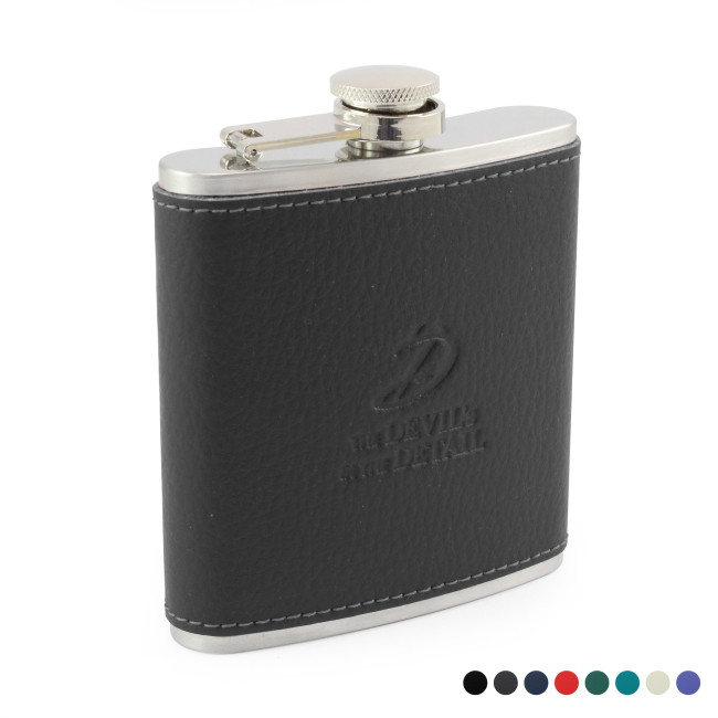 Custom Printed Hip Flask With A Recycled ELeather Wrap - Image 1