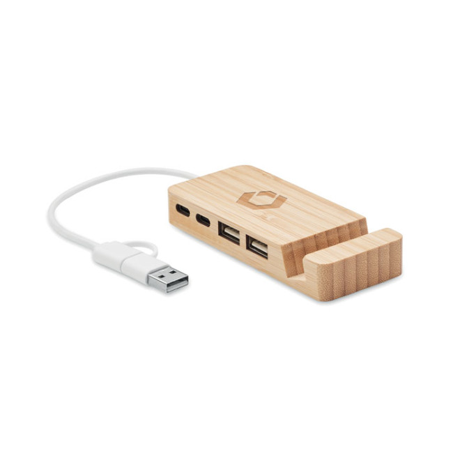 Custom Printed Bamboo USB 4 Ports Hub