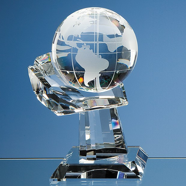 Custom Printed 10cm Optical Crystal Globe on Mounted Hand Award