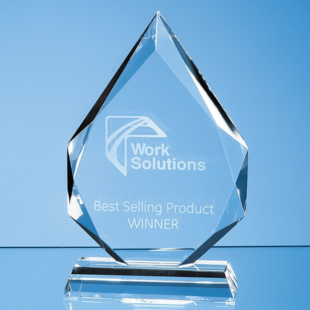 Custom Printed 17cm x 12cm x 20mm Clear Glass Facetted Diamond Peak Award