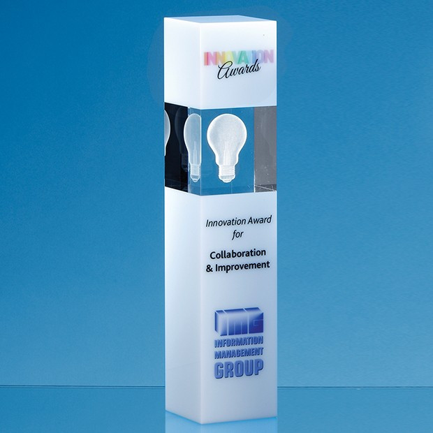 Custom Printed 26cm Clear & White Optical Crystal Square Column Award