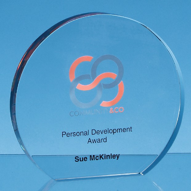 Custom Printed 12.5cm x 19mm Clear Glass Freestanding Circle Award