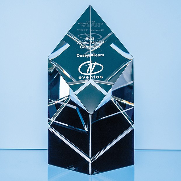 Custom Printed 18cm Clear & Onyx Black Optical Crystal Facetted Prism Award