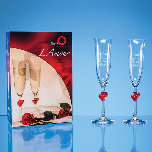 Custom Printed 2 L'Amour Red Heart Champagne Flutes in an attractive Gift Box