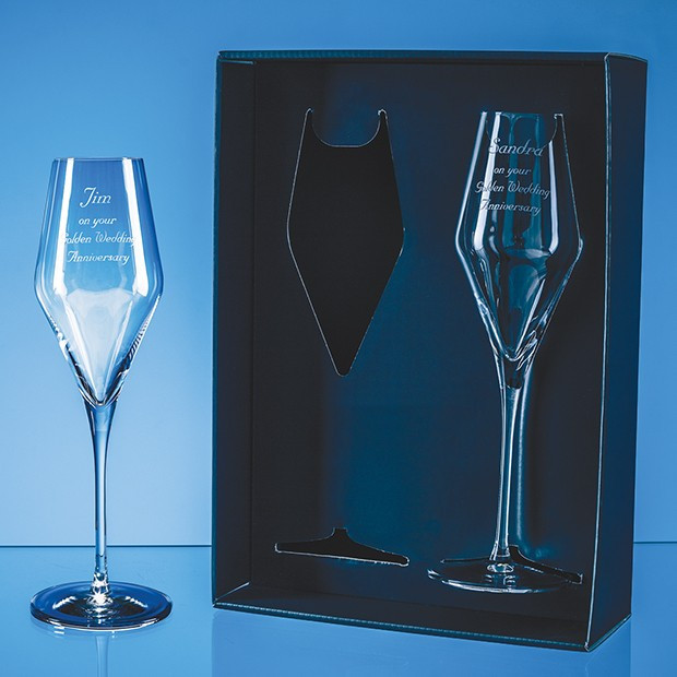 Custom Printed 2 HiLite Champagne Flutes with LED Illumination in the Base in a Gift Box