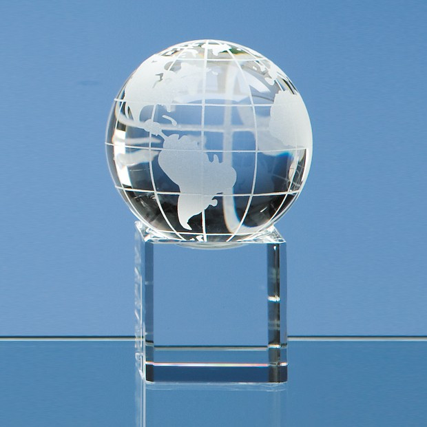 Custom Printed 6cm Optical Crystal Globe on a Clear Crystal Base