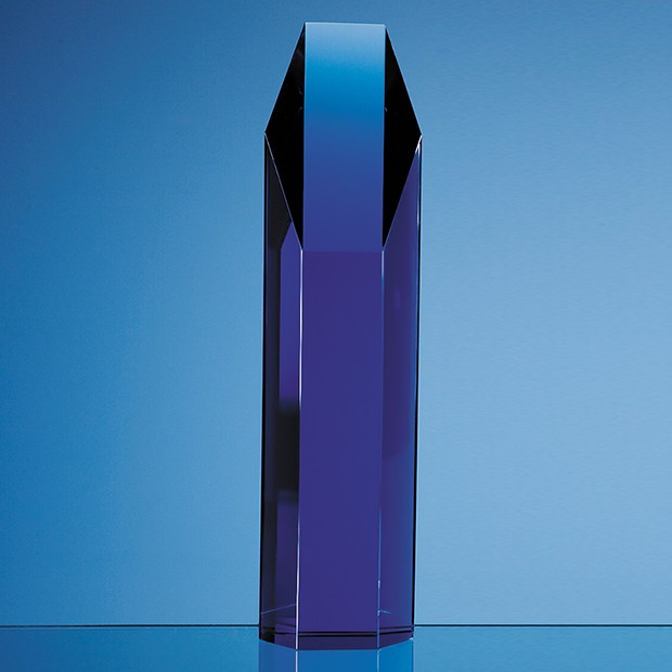 Custom Printed 25.5cm Sapphire Blue Optical Crystal Hexagon Award