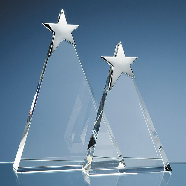 Custom Printed 20cm Optical Crystal Triangle Award with Silver Star