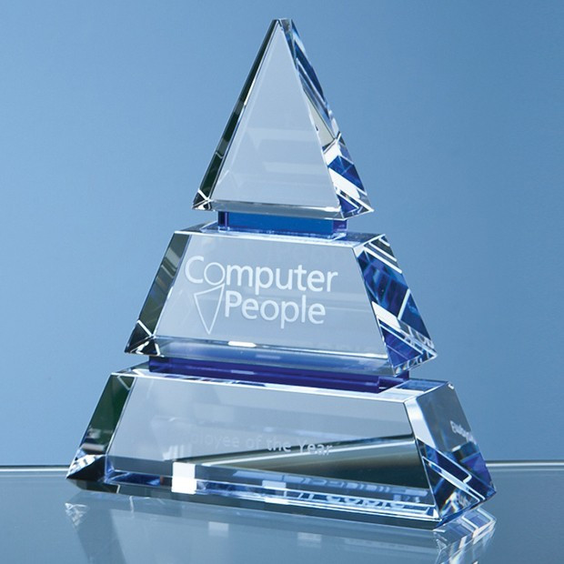 Custom Printed 15cm Clear Optical Crystal Luxor Award with 2 Cobalt Blue Lines