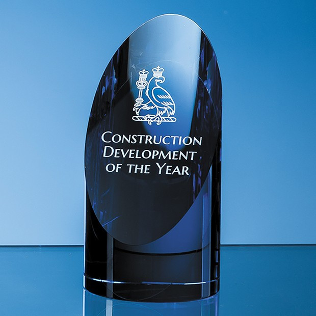 Custom Printed 15cm Clear & Sapphire Blue Optical Crystal Cylinder Award