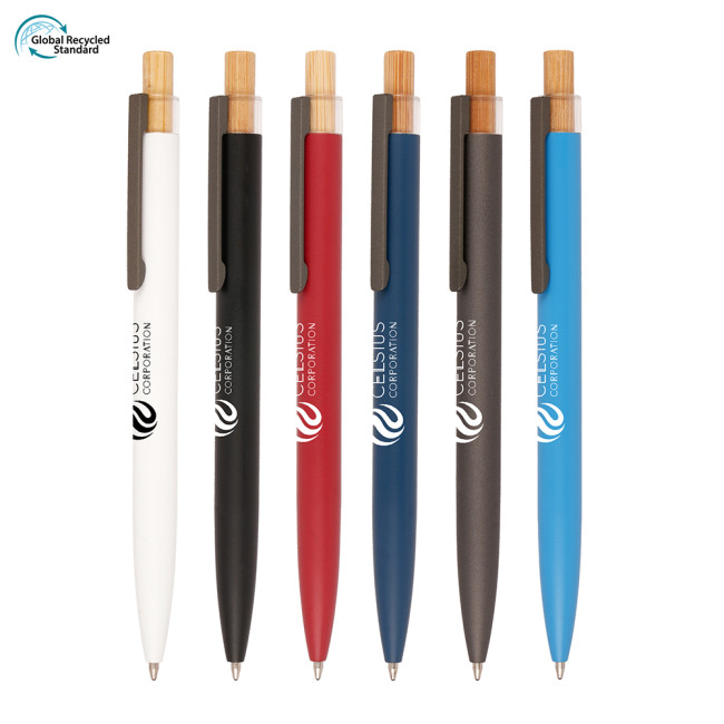 Custom Printed Refresh Recycled Aluminium Ball Pen with bamboo plunger - Image 1