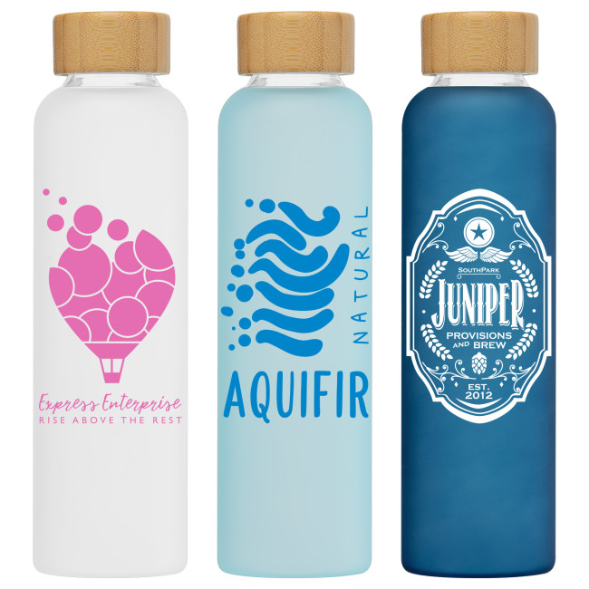 Custom Printed Lucerne Frosted Borosilicate Glass Bottle with Bamboo Lid 590ml