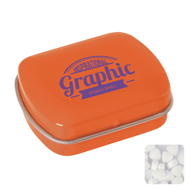 Custom Printed Small Flat Hinged Tin With Sugar Free Mints - Image 1