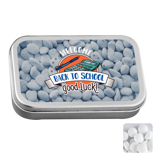 Custom Printed Large Flat Hinged Tin With Dextrose Mints