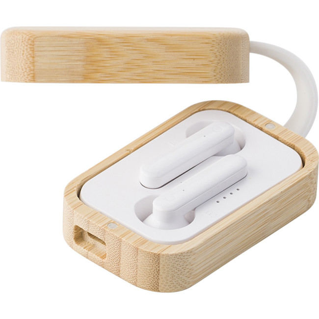 Custom Printed Earphones In Bamboo Case - Image 1