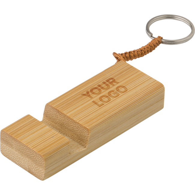 Custom Printed Bamboo Key Chain Phone Stand - Image 1