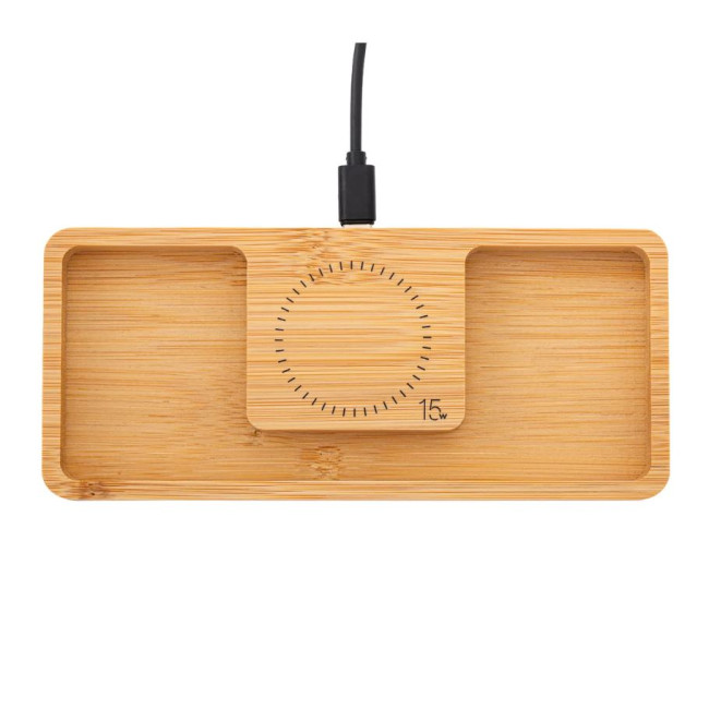 Custom Printed Bamboo Desktop Organiser With Wireless Charger 15W