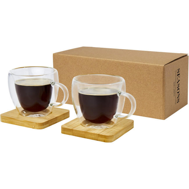 Custom Printed Manti 2-Piece Double-Wall Glass Cup With Bamboo Coaster 100ml