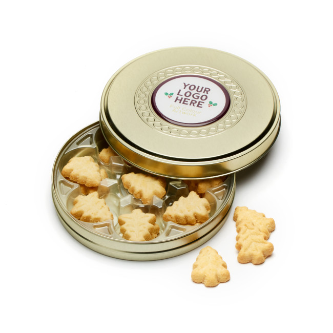 Custom Printed Shallow Gold Treat Tin Festive Shortbread Biscuits