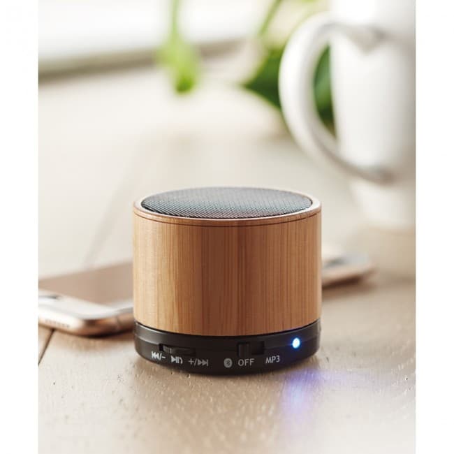 Custom Printed Round Bamboo Wireless Speaker - Image 2