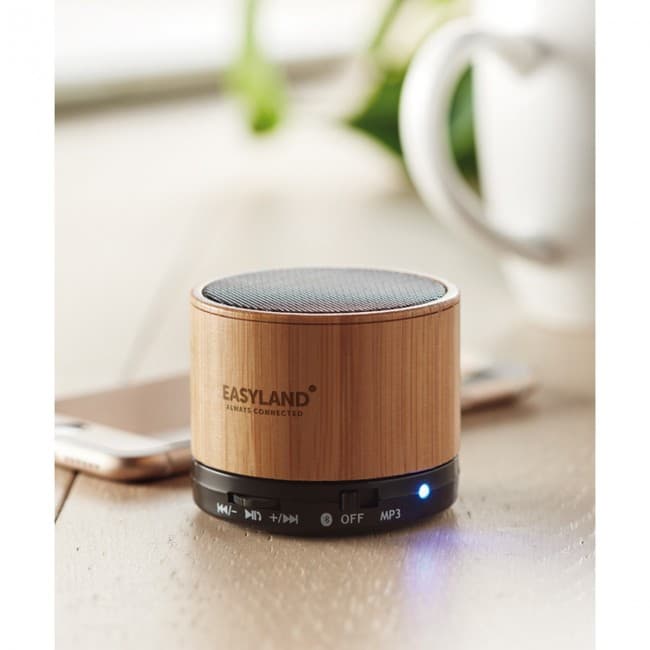 Custom Printed Round Bamboo Wireless Speaker - Image 3