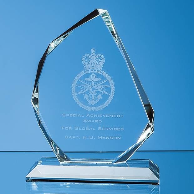 Custom Printed 11.5cm x 9.5cm x 15mm Clear Glass Facetted Ice Peak Award