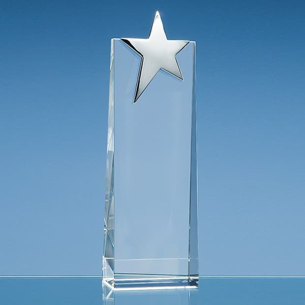 Custom Printed 22.5cm Optical Crystal Rectangle with Silver Star