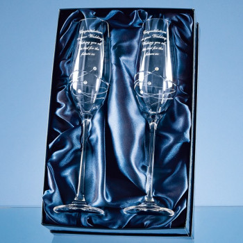 2 Diamante Champagne Flutes with Spiral Design Cutting in an attractive Gift Box